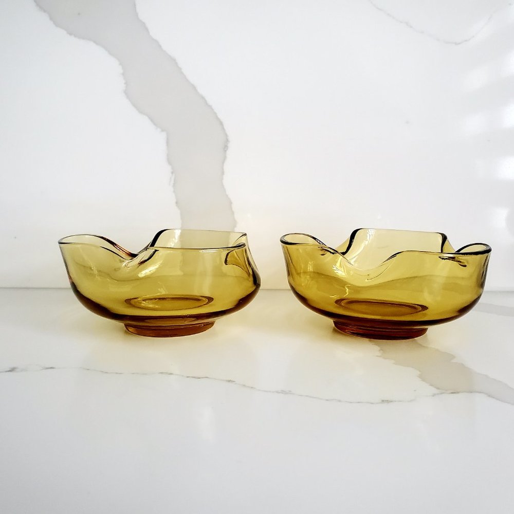 Two Amber Glass Bowls with Ruffled Edge Trinkets / Jewellery Dish Candy Bowl
